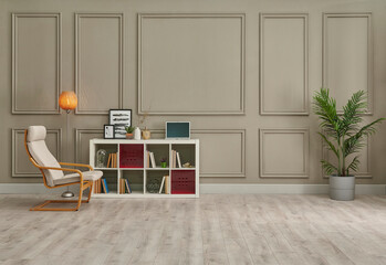 Brown room wall and classic background, white bookshelf lamp and chair decoration.