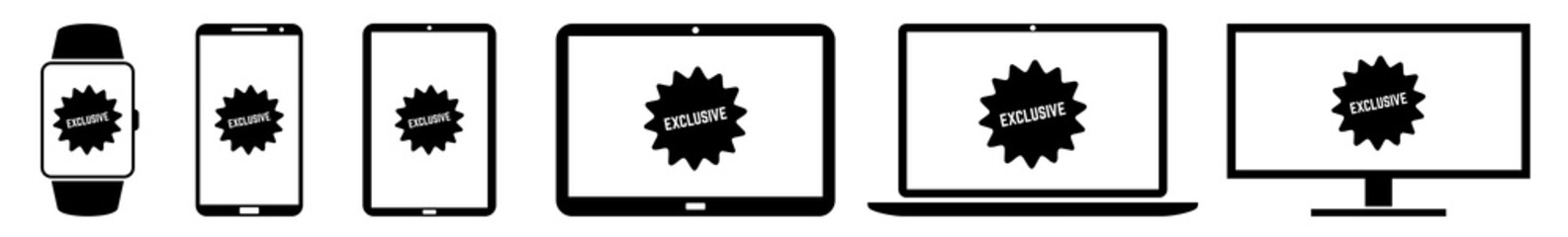 Poster - Display exclusive, label, badge, price, tag, sticker, logo Icon Devices Set | Web Screen Device Online | Laptop Vector Illustration | Mobile Phone | PC Computer Smartphone Tablet Sign Isolated