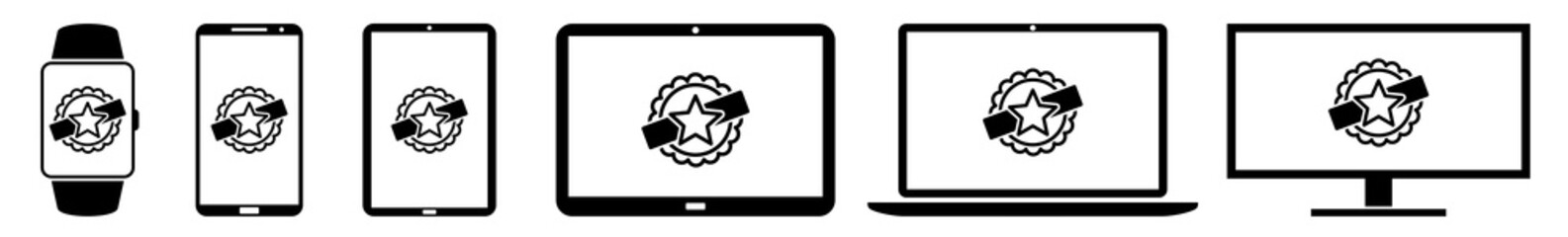 Poster - display excellent, award, honor, premium icon devices set | web screen device online | laptop vector