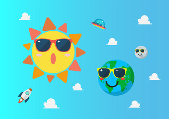Wall Mural - planet earth wearing sunglasses againts sun character on blue sky