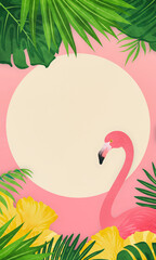  Tropical palm leaves and pink flamingo and empty copy space in the middle of sun.  Summer holiday high format background. Digital watercolor illustration.
