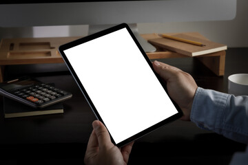 Poster - man holding blank screen tablet design  Close up of ipad.mock up tablet computer