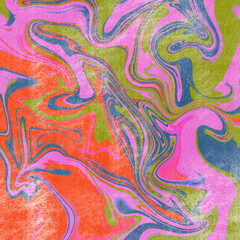 Poster - Abstract wavy vibrant facture. Grunge overlay effect. Splashed liquid paints. Psychedelic trippy effect. Distortion. Creative graphic design. Colorful artistic illustration. Digital art. 