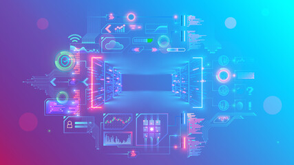 Leinwandbilder - Servers in digital data centers make cloud computing in server rack room. Web online service remote internet storage. Abstract Conceptual computer banner or backgrounds with text place in center.