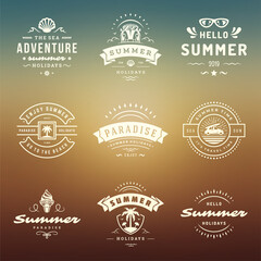 Summer holidays labels and badges retro typography design set.