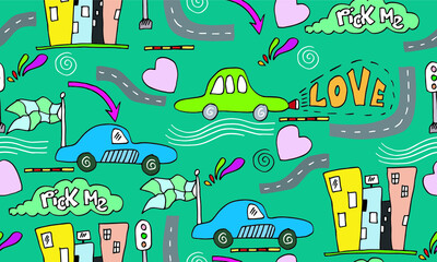 Cartoon Transportation Background for Kids with doodle Toy Cars and Nature with love text and peak me for wallpaper,wrapping,textile and printing.vector illustration.