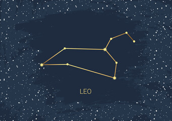 hand drawn card of gold leo, star, brush. constellation celestial space. zodiac horoscope symbol, st