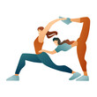 © coffee-hop - Athletic girls do a joint asana, a pair stretch with support on a white background. Women play yoga sports, modern design.