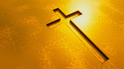 Wall Mural - Concept or conceptual gold cross on a golden background. 3d illustration metaphor for God, Christ, Christianity,  religious, faith, holy, spiritual, Jesus, belief or resurection