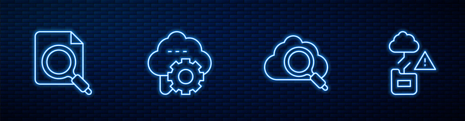 Aufkleber - Set line Search cloud computing, concept with folder, Cloud technology data transfer and . Glowing neon icon on brick wall. Vector