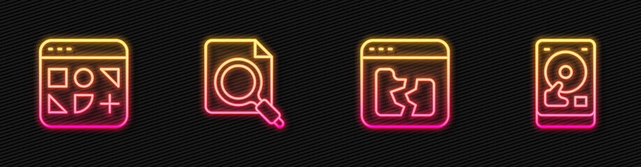 Aufkleber - Set line Broken file, Different files, Search concept with folder and Hard disk drive HDD. Glowing neon icon. Vector