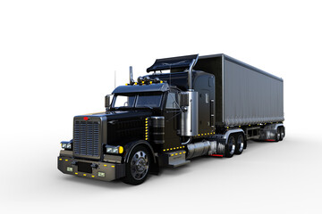 Poster - 3D rendering of a large black and grey articulated freight truck isolated on white.