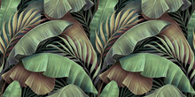 Tropical Seamless Pattern With Beautiful Palm, Banana Leaves. Hand-drawn Vintage 3D Illustration. Glamorous Exotic Abstract Background Design. Good For Luxury Wallpapers, Cloth, Fabric Printing, Goods