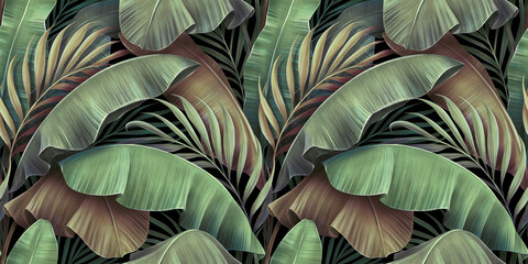 tropical seamless pattern with beautiful palm, banana leaves. hand-drawn vintage 3d illustration. gl