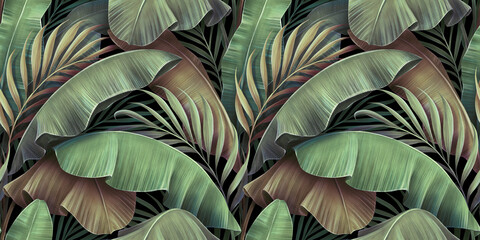  Tropical seamless pattern with beautiful palm, banana leaves. Hand-drawn vintage 3D illustration. Glamorous exotic abstract background design. Good for luxury wallpapers, cloth, fabric printing, goods