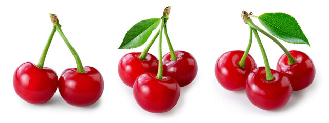 Wall Mural - Cherry isolated. Sour cherry. Cherries with leaves on white background. Sour cherri set.