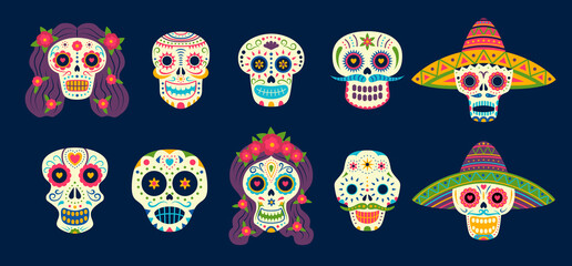 Poster - Cartoon Color Day of The Dead Skull Sign Icons Set. Vector