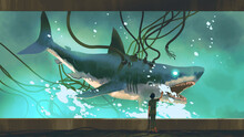 Woman Looking At The Experimental Shark In A Big Fish Tank, Digital Art Style, Illustration Painting