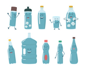 Wall Mural - Cartoon Color Characters Funny Big and Small Bottles Set. Vector