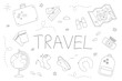 Set of accessories and symbols for travel and recreation.Contour isolated doodle objects on a white.