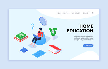 Poster - Home education concept. Isometric vector template of website banner advertising contemporary resources of distant education from home with female student sitting in comfortable chair and using laptop