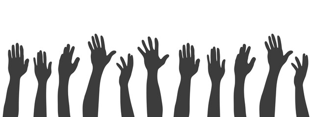 Set of silhouettes hands. Black human hands. Arms and hands raised. Vector illustration