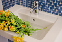 A Bouquet Of Fresh Yellow Tulips With Green Stems In A Sink With Water Running From The Faucet In A Modern Bathroom Decorated With Blue Tile.
