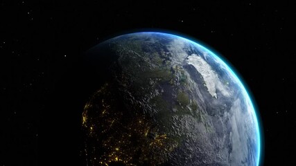 Wall Mural - sunrise and shadow on the earth in space with star in universe. world realistic atmosphere 3d volume