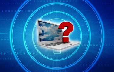 Poster - 3d rendering Computer Online Help Information Concept. Red Question Mark over Laptop Keyboard.