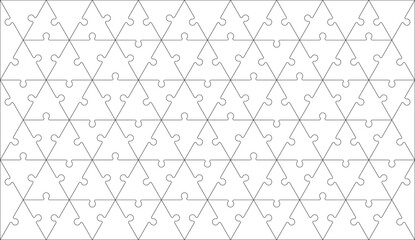 Puzzles grid - blank template with pieces in triangle shape. Jigsaw puzzle with triangle geometric piece. Mosaic background for thinking game. Game with details. Vector illustration.