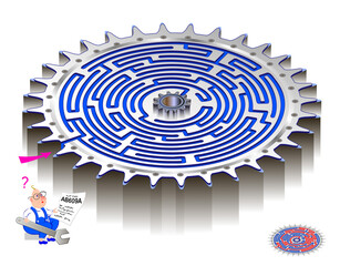 Logic puzzle game with labyrinth for children and adults. Help the worker find the way to central gear. Worksheet for kids brain teaser book. Play online. Illustration with maze in steampunk style.