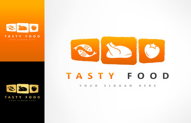 Poster - Tasty food logo vector. Fish, chicken and vegetables design. Grocery store logo.