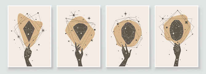 Wall Mural - Abstract contemporary art with crystal and gem geometry shapes. Esoteric mystical celestial sacred wall art with woman hand. Wall decor painting. Minimalistic background design. Vector illustration.