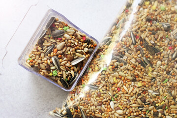 A mixture of grains for birds, food for parrots