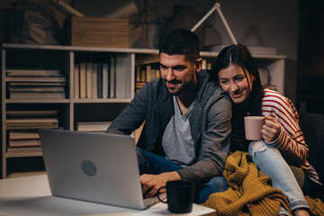 Wall Mural - couple using laptop computer at home