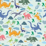 Fototapeta Dinusie - Dinosaurs set of children's pictures illustration hand drawn print cute animals ancient world. Doodle sketch color images pterodaktel diplodocus palms mountains stones seamless pattern
