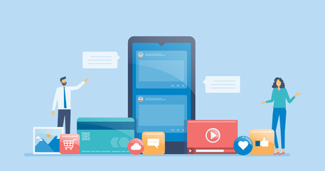 Poster - flat vector design social media marketing strategy concept with developer team working concept