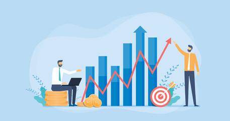 Wall Mural - Business finance investment with people team working and analysis on business graph report concept