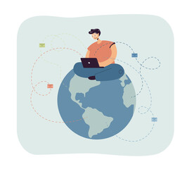 Wall Mural - Man sitting on globe and sending emails. Male character with laptop writing letters flat vector illustration. Communication, global network concept for banner, website design or landing web page