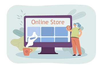 Poster - Tiny woman buying things through internet. Female with coin, online store on screen, coffee cup flat vector illustration. Online shopping concept for banner, website design or landing web page