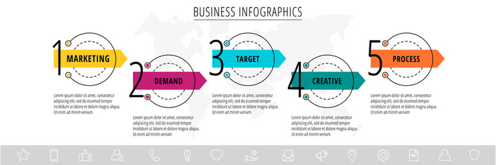 Vector infographics five circles with arrows. Line business concept of 5 steps, options. Infographic template for diagram, web, banner, presentations, flowchart, content, levels, chart