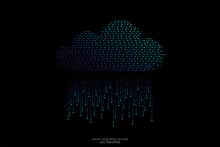 Cloud Computing Technology Concept By Binary Dots Blue Green Light Lines Pattern Cloud Shape And Rain Drop Isolated On Black Background.