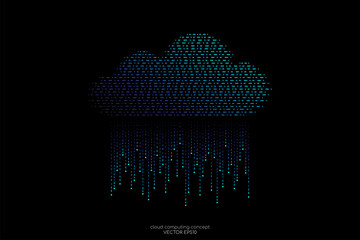 Poster - Cloud computing technology concept by binary dots blue green light lines pattern cloud shape and rain drop isolated on black background.