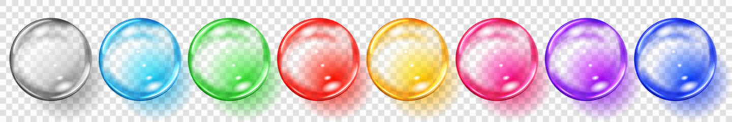 Poster - set of translucent colored spheres with glares and shadows on transparent background. transparency o