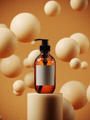 Poster - minimal mockup concept for product presentation. cosmetic bottle and podium on tan spheres backgroun