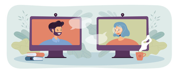 Poster - Friends or colleagues talking on video call. Man and woman chatting through screens flat vector illustration. Online meeting, video conference concept for banner, website design or landing web page