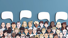 Lots Of People's Faces Made Of Paper. People Different Ages And Professional Backgrounds. Paper Cut Design 3D Render