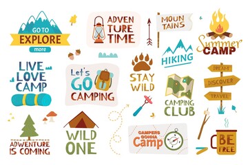 Wall Mural - Camping lettering. Summer camp, traveling, mountain hiking. Adventure quotes and phrases with hand drawn doodle elements vector set. World exploration and discover, club emblem with equipment