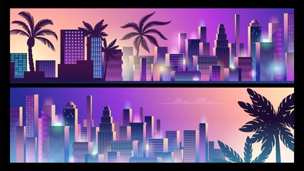 Poster - Neon city banners. Cyberpunk style background, downtown and palms silhouettes vector template