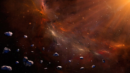 Wall Mural - Space background. Asteroid fly in colorful fractal nebula with star field and sun. Digital painting